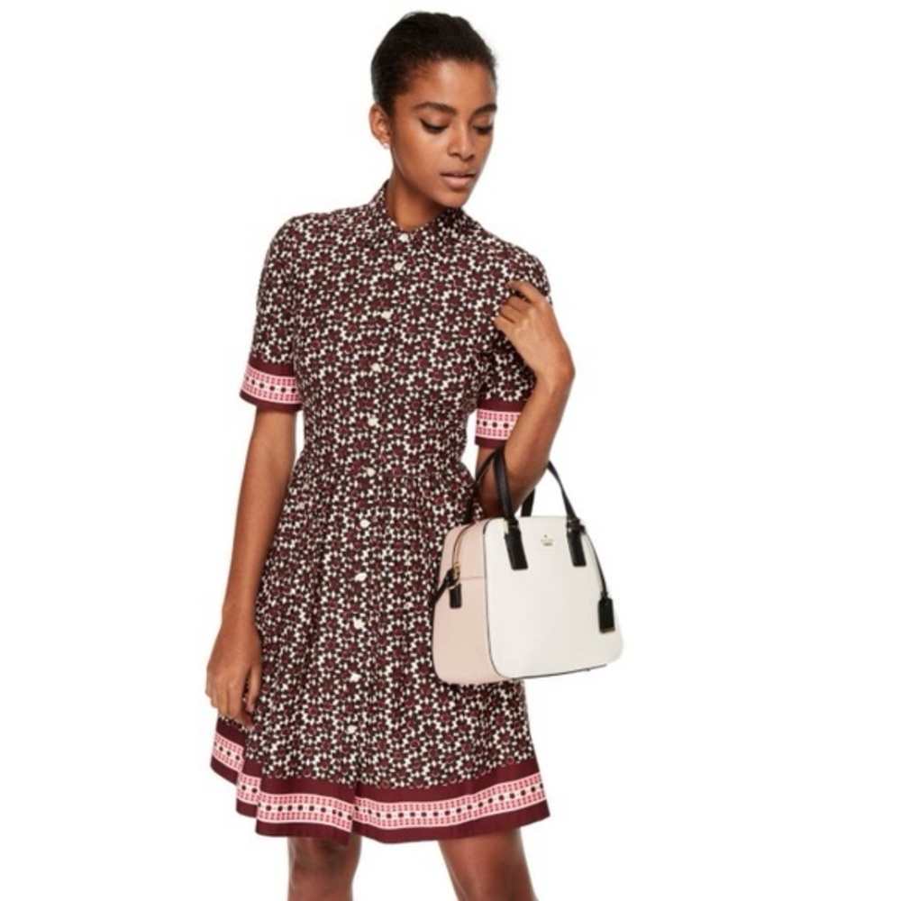 kate spade Brown Floral Short-Sleeve Fit-and-Flare Dress with Pink Trim